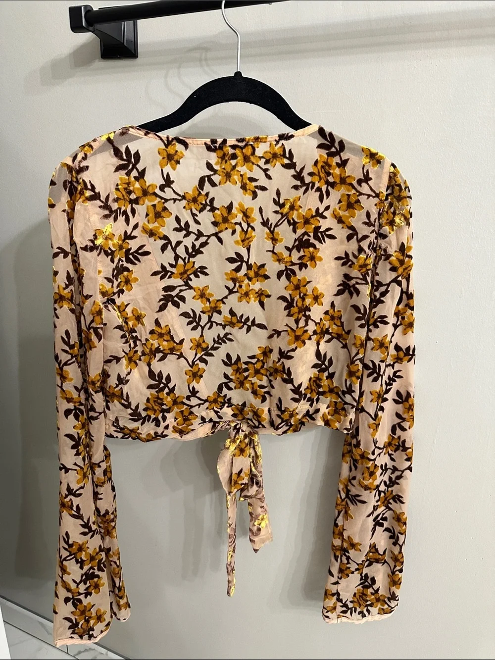Tiger Mist Beige Floral Tie-Front Blouse with Mustard Print
